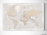 Custom world map with cities, canvas print or push pin map in rustic style. "Lucille"