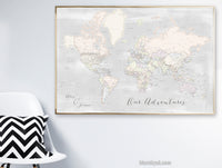 Art print on paper: personalized detailed world map with cities. "Maeli Pastels"