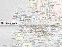 Art print on paper: personalized detailed world map with cities. "Maeli Pastels"