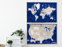 Set of two map prints on paper: USA and the world in matching style, brown and navy blue. "Kameryn"