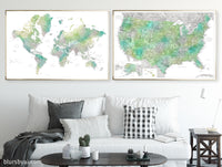 Set of two map prints on paper: USA and the world in matching style. "Oriole"