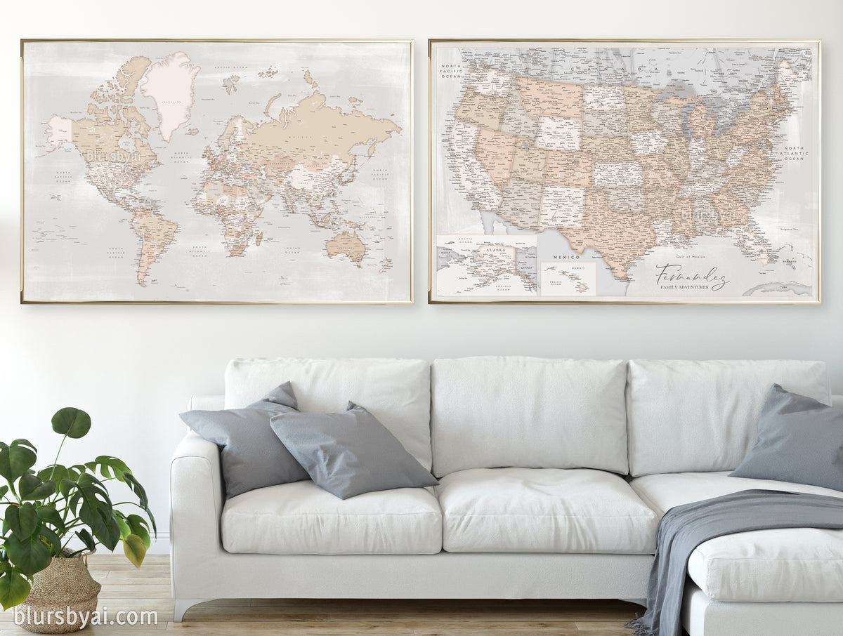 Set of two map prints on paper: USA and the world in rustic matching style. "Lucille"