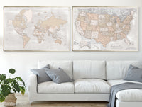 Set of two map prints on paper: USA and the world in rustic matching style. "Lucille"