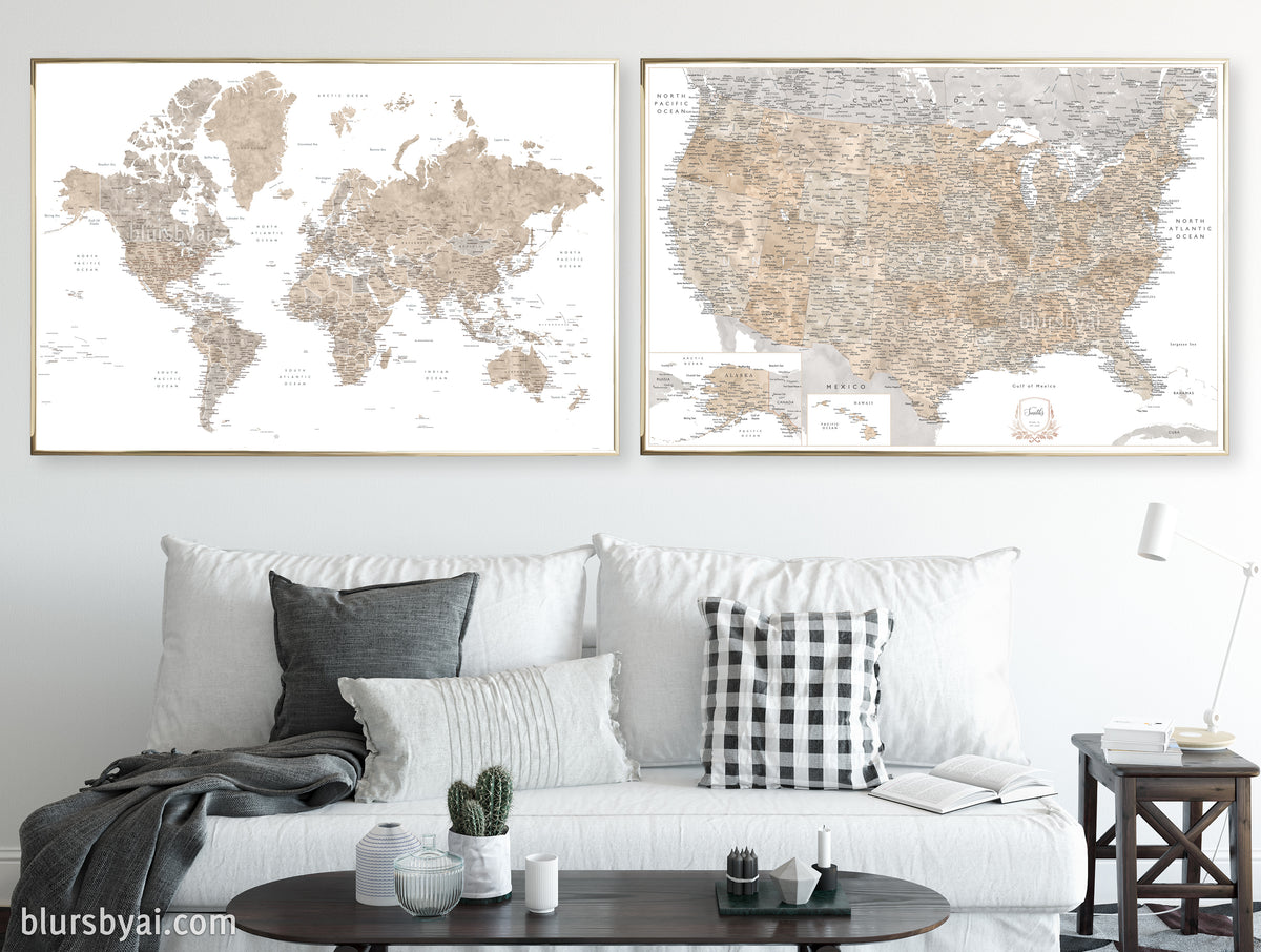 Set of two map prints on paper: USA and the world in neutral matching style. "Abey"