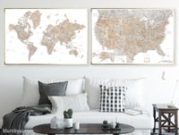 Set of two map prints on paper: USA and the world in neutral matching style. "Abey"