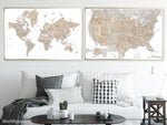 Set of two map prints on paper: USA and the world in neutral matching style. "Abey"