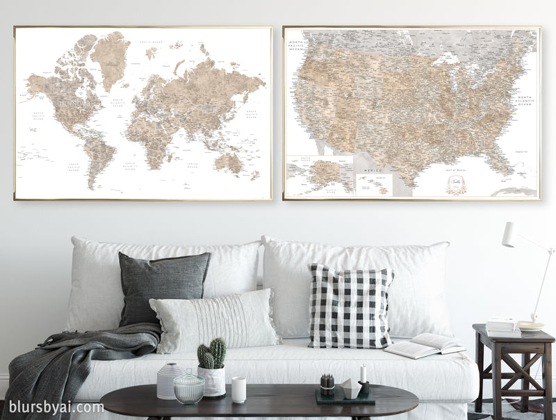 Set of two map prints on paper: USA and the world in neutral matching style. "Abey"