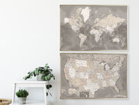 Set of two map prints on paper: USA and the world in matching style. "Davey"