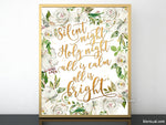 Silent night lyrics printable Christmas decor, in gold and white florals