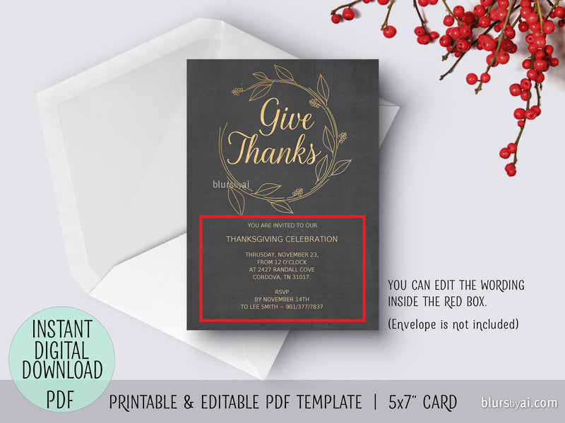 Editable pdf Thanksgiving invitation template: Give Thanks