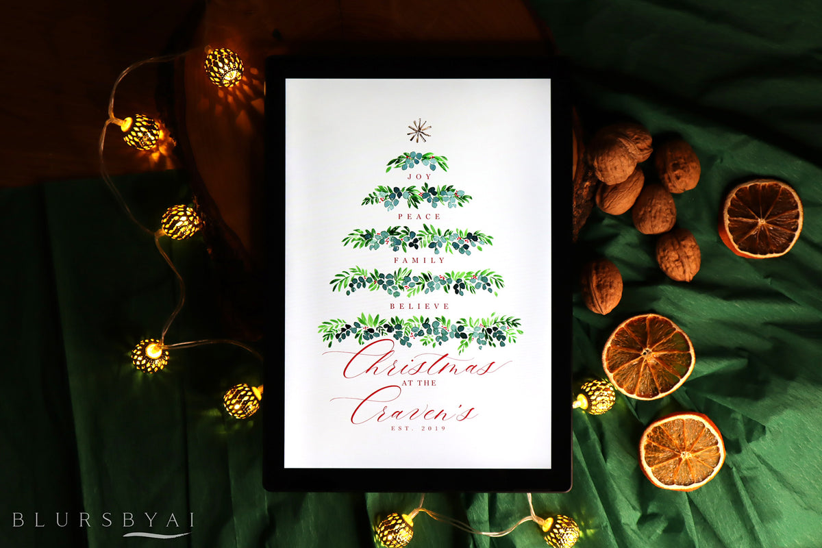 Custom family name art print - "Watercolor greenery Christmas tree"