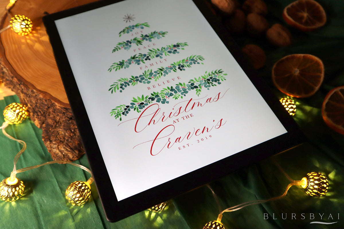 Custom family name art print - "Watercolor greenery Christmas tree"