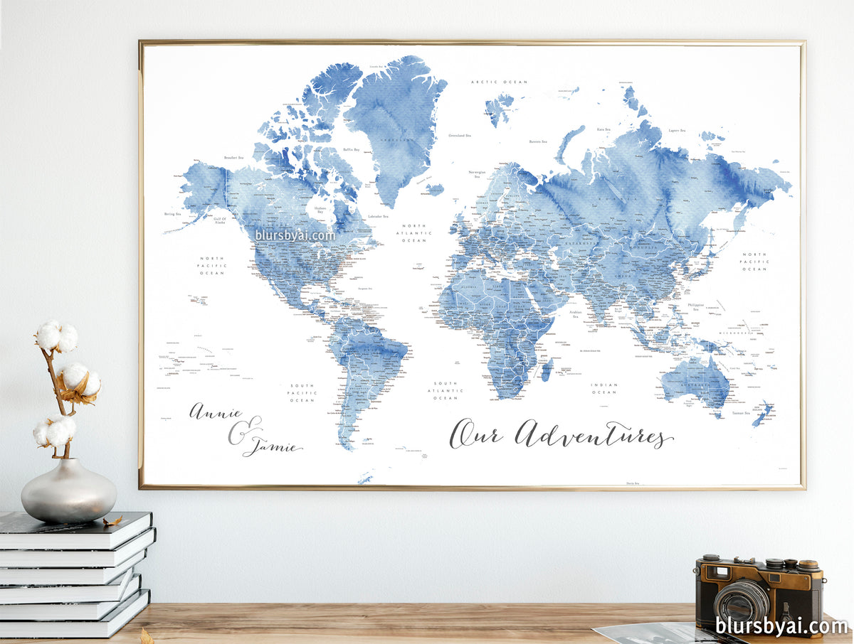 Personalized art print on paper: detailed world map with cities in soft blue watercolor. "Vance"