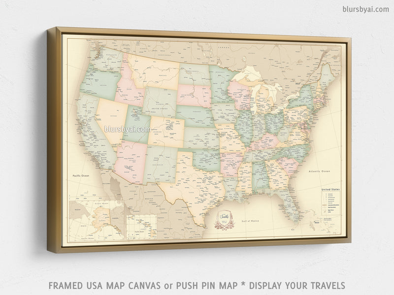 Custom vintage looking USA map with cities, canvas print or push pin map. "Librarian"