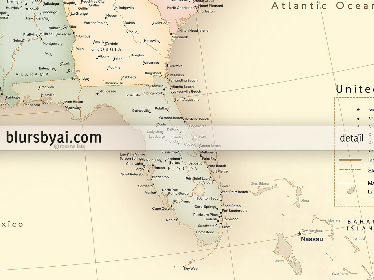 Custom print: map of the United States with cities in vintage style. "Librarian"