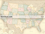 Custom print: map of the United States with cities in vintage style. "Librarian"