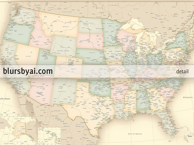 Custom print: map of the United States with cities in vintage style. "Librarian"