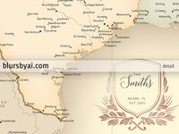 Custom print: map of the United States with cities in vintage style. "Librarian"