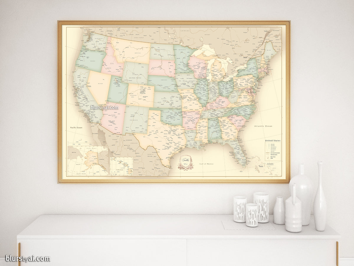 Custom print: map of the United States with cities in vintage style. "Librarian"