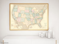 Custom print: map of the United States with cities in vintage style. "Librarian"