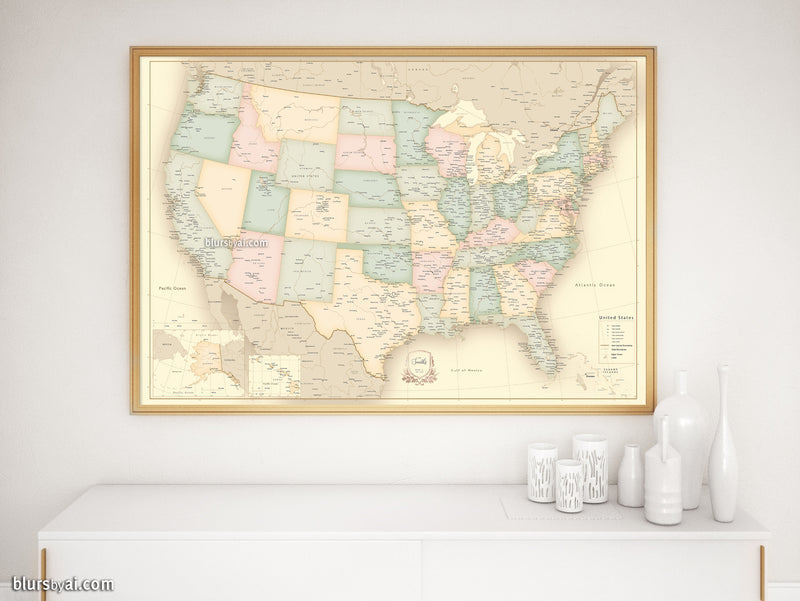 Custom print: map of the United States with cities in vintage style. "Librarian"