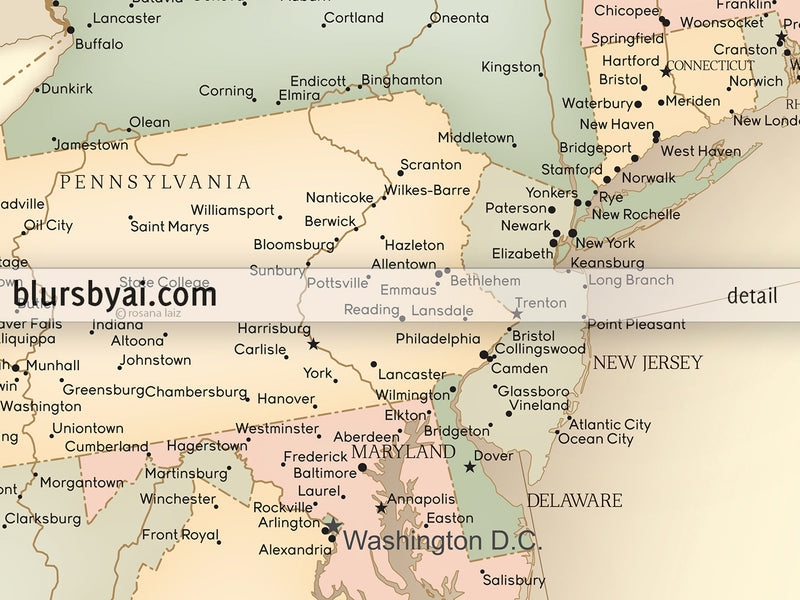 Custom print: map of the United States with cities in vintage style. "Librarian"
