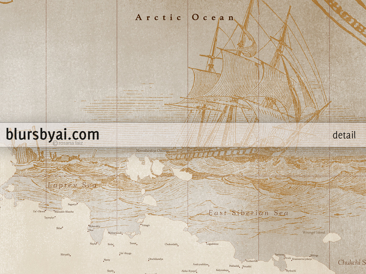 Custom world map print - highly detailed, vintage looking current world map with sea monsters and sail ships. "Mar"