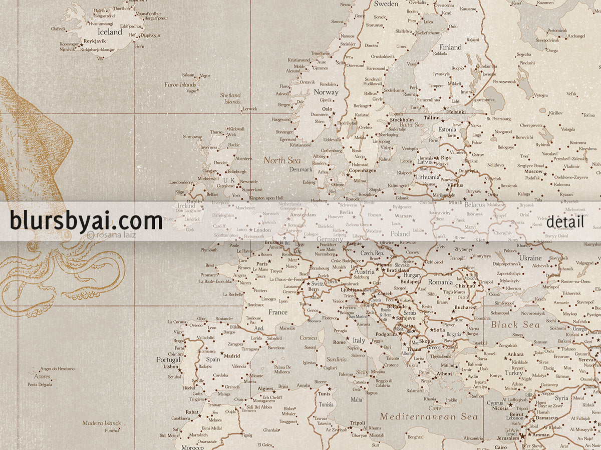 Custom world map print - highly detailed, vintage looking current world map with sea monsters and sail ships. "Mar"