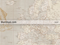 Custom world map print - highly detailed, vintage looking current world map with sea monsters and sail ships. "Mar"