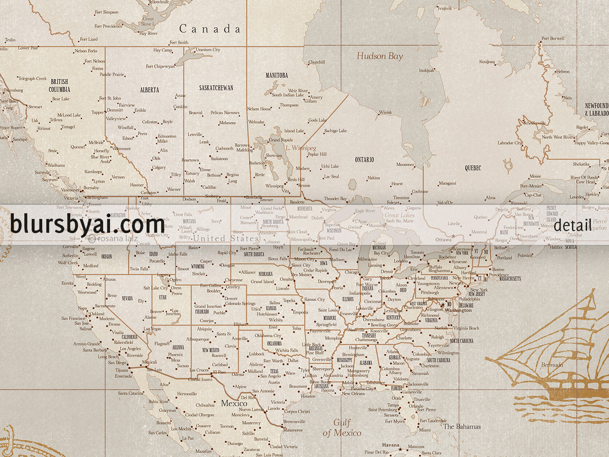 Custom world map print - highly detailed, vintage looking current world map with sea monsters and sail ships. "Mar"