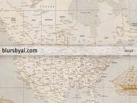 Custom world map print - highly detailed, vintage looking current world map with sea monsters and sail ships. "Mar"