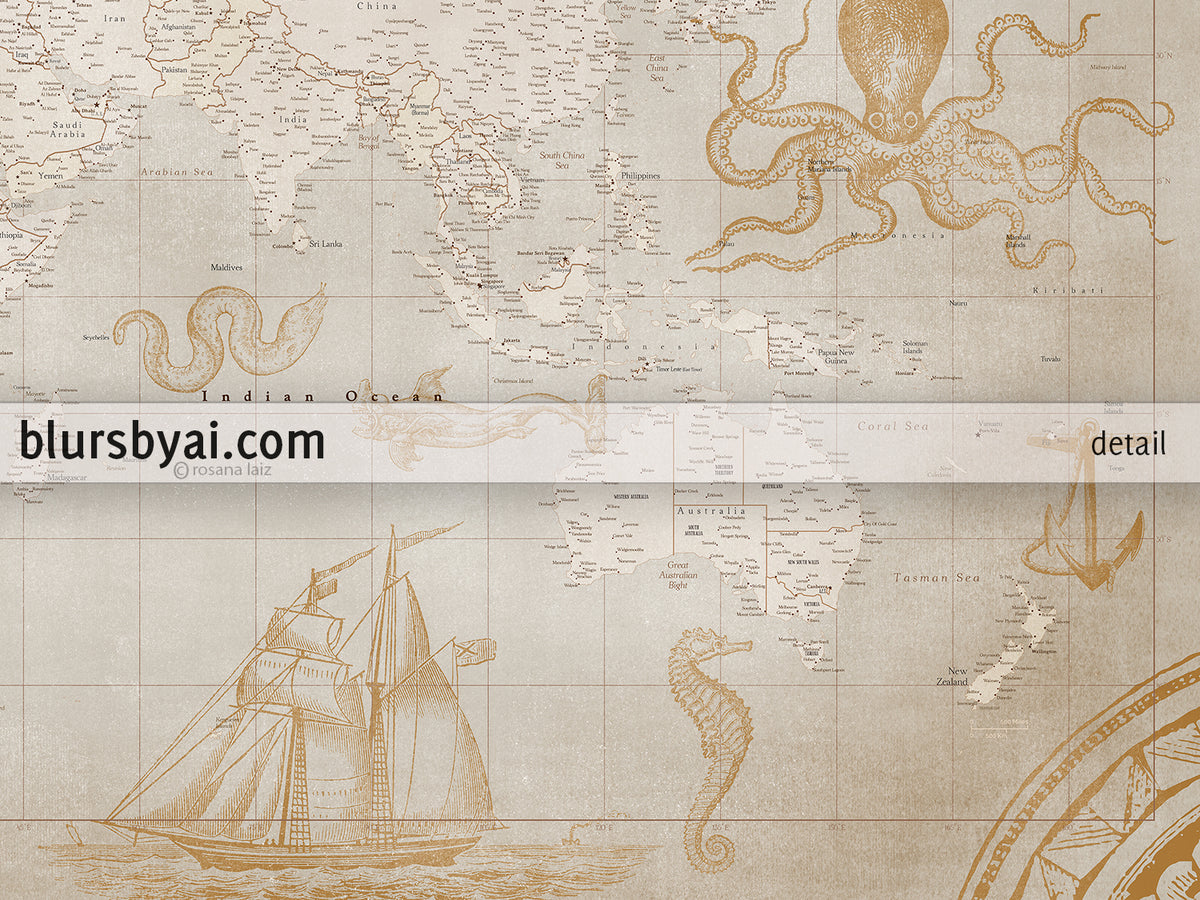Custom world map print - highly detailed, vintage looking current world map with sea monsters and sail ships. "Mar"