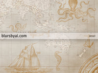Custom world map print - highly detailed, vintage looking current world map with sea monsters and sail ships. "Mar"