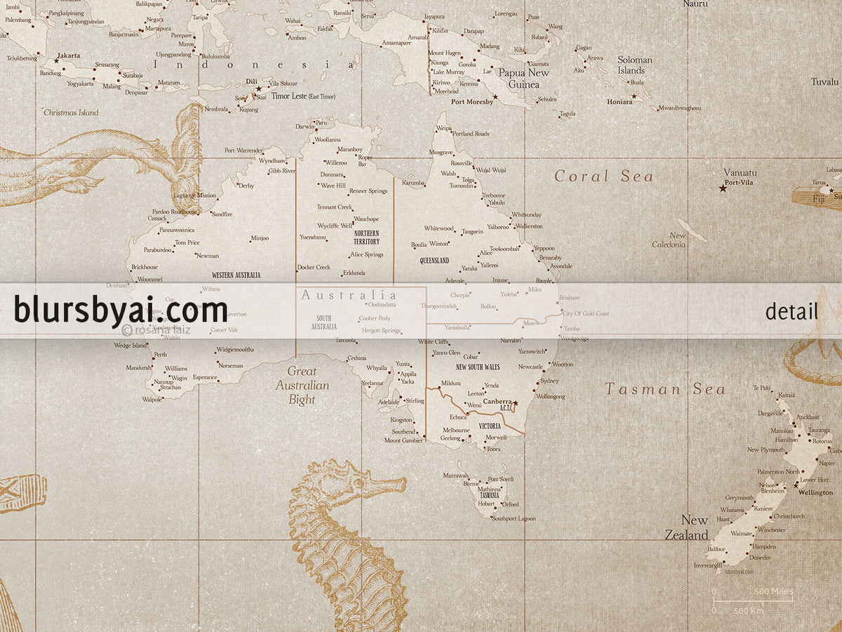 Custom world map print - highly detailed, vintage looking current world map with sea monsters and sail ships. "Mar"