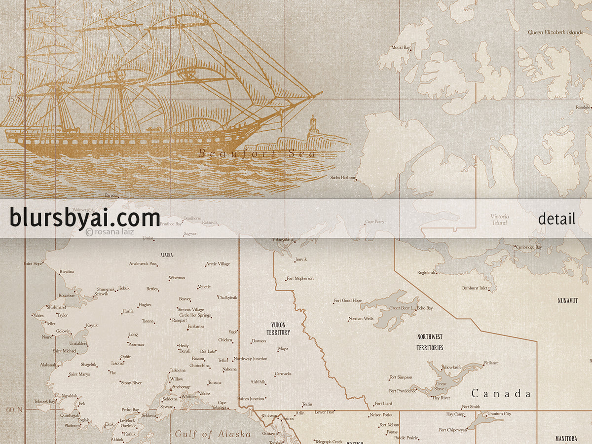 Custom world map print - highly detailed, vintage looking current world map with sea monsters and sail ships. "Mar"