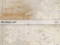 Custom world map print - highly detailed, vintage looking current world map with sea monsters and sail ships. "Mar"