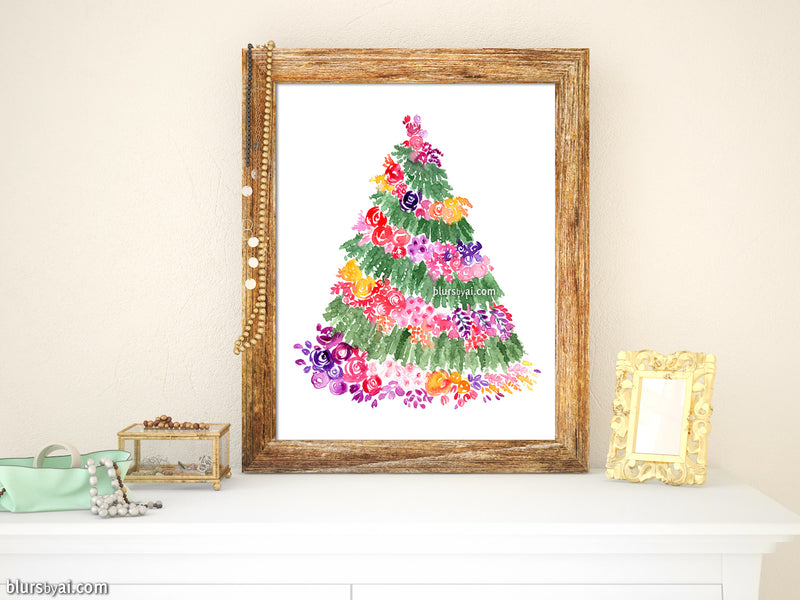 Printable holiday decoration: Floral Christmas tree watercolor illustration in white - Personal use