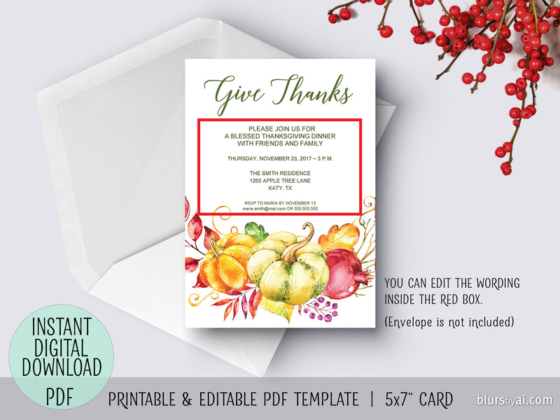 Editable pdf Thanksgiving invitation template: Give Thanks with flowers and pumpkins