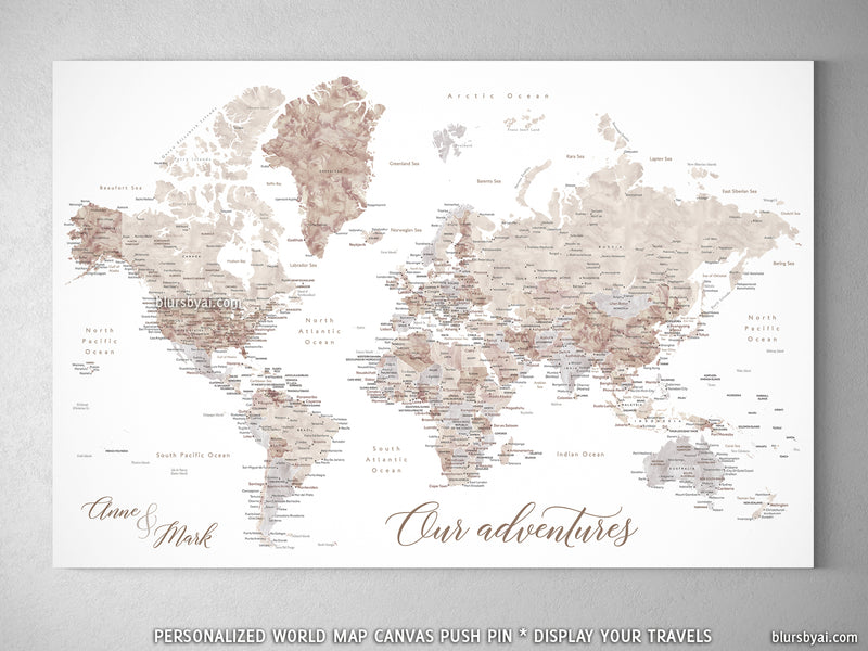 Custom watercolor world map with cities, canvas print or push pin map. "Abey "