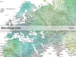 Custom print: watercolor world map with cities in muted green and brown. "Oriole"