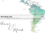 Custom print: watercolor world map with cities in muted green and brown. "Oriole"