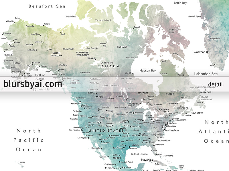 Custom print: watercolor world map with cities in muted green and brown. "Oriole"