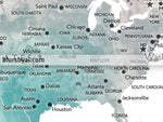 Custom print: watercolor world map with cities in muted green and brown. "Oriole"