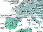 Custom print: watercolor world map with cities in muted green and brown. "Oriole"