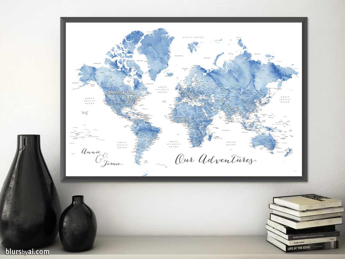 Art print on paper: custom world map with state capitals, cities and countries in soft blue watercolor. "Vance"