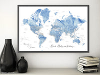 Art print on paper: custom world map with state capitals, cities and countries in soft blue watercolor. "Vance"