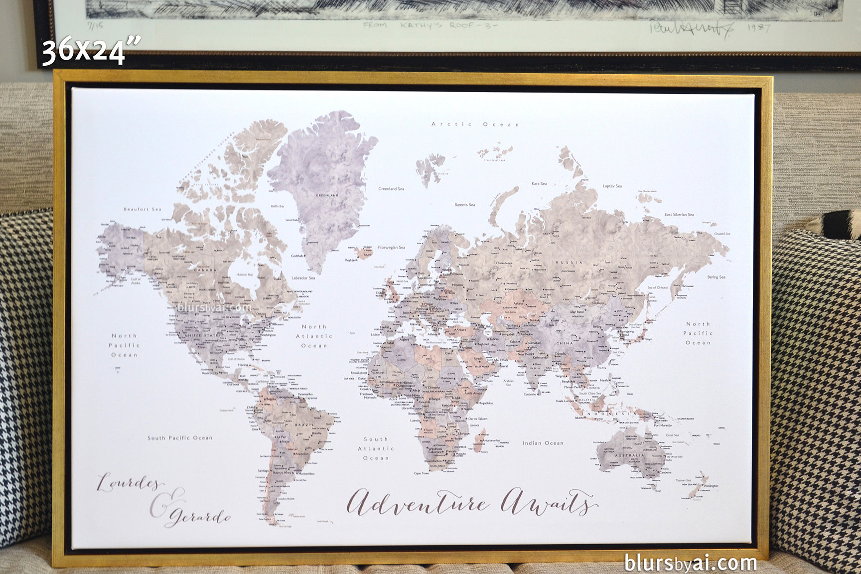 Custom watercolor world map with cities, canvas print or push pin map –  blursbyai