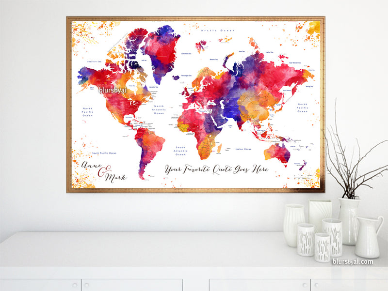 Custom map print: world map with countries and states in colorful watercolor. "Noor"