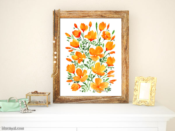 Watercolor California poppies illustration print on paper
