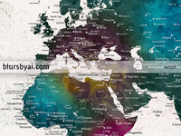 Art print on paper: custom world map with cities in bold watercolor hues. "Charleena"